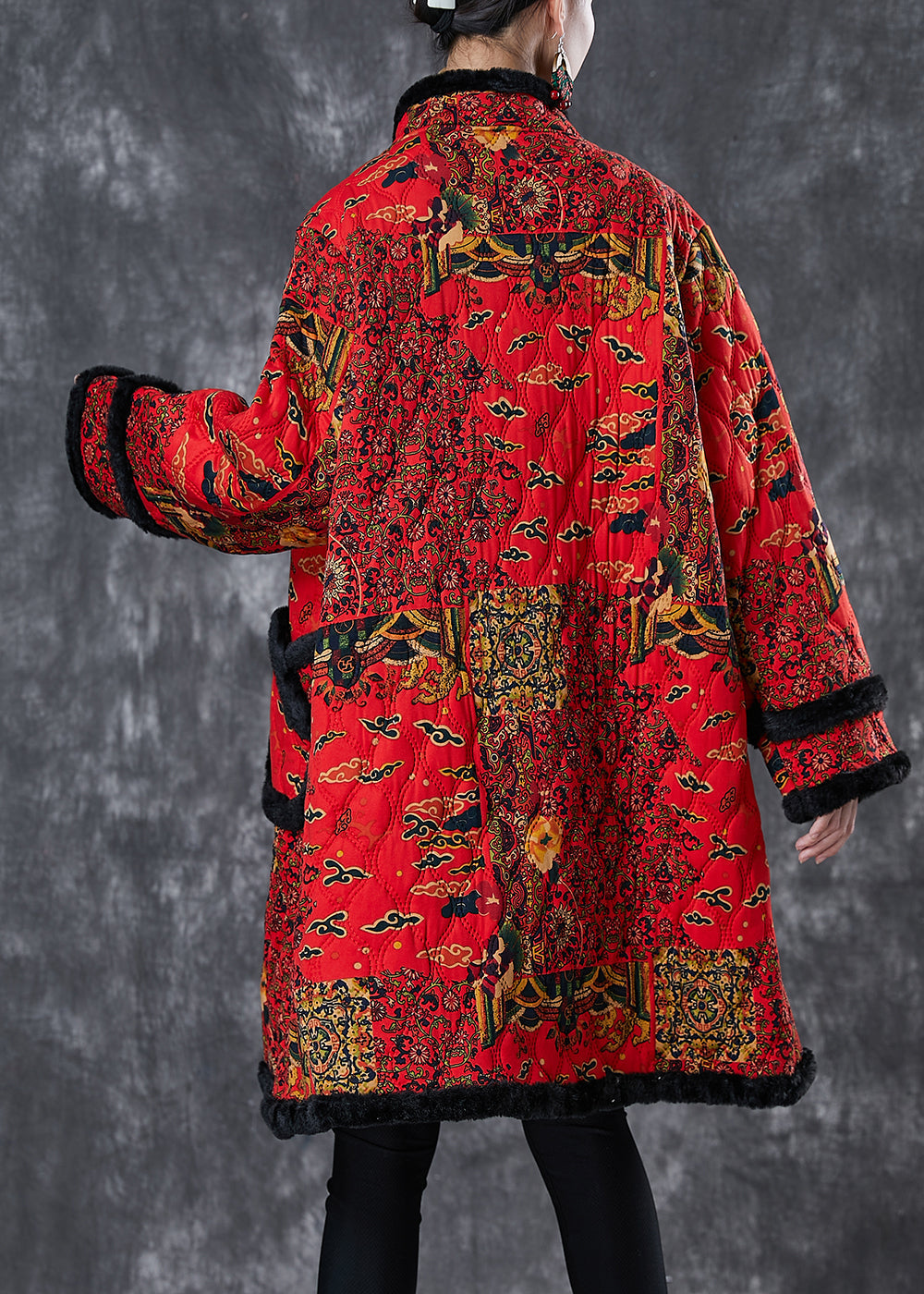 Red Print Patchwork Warm Fleece Trench Winter