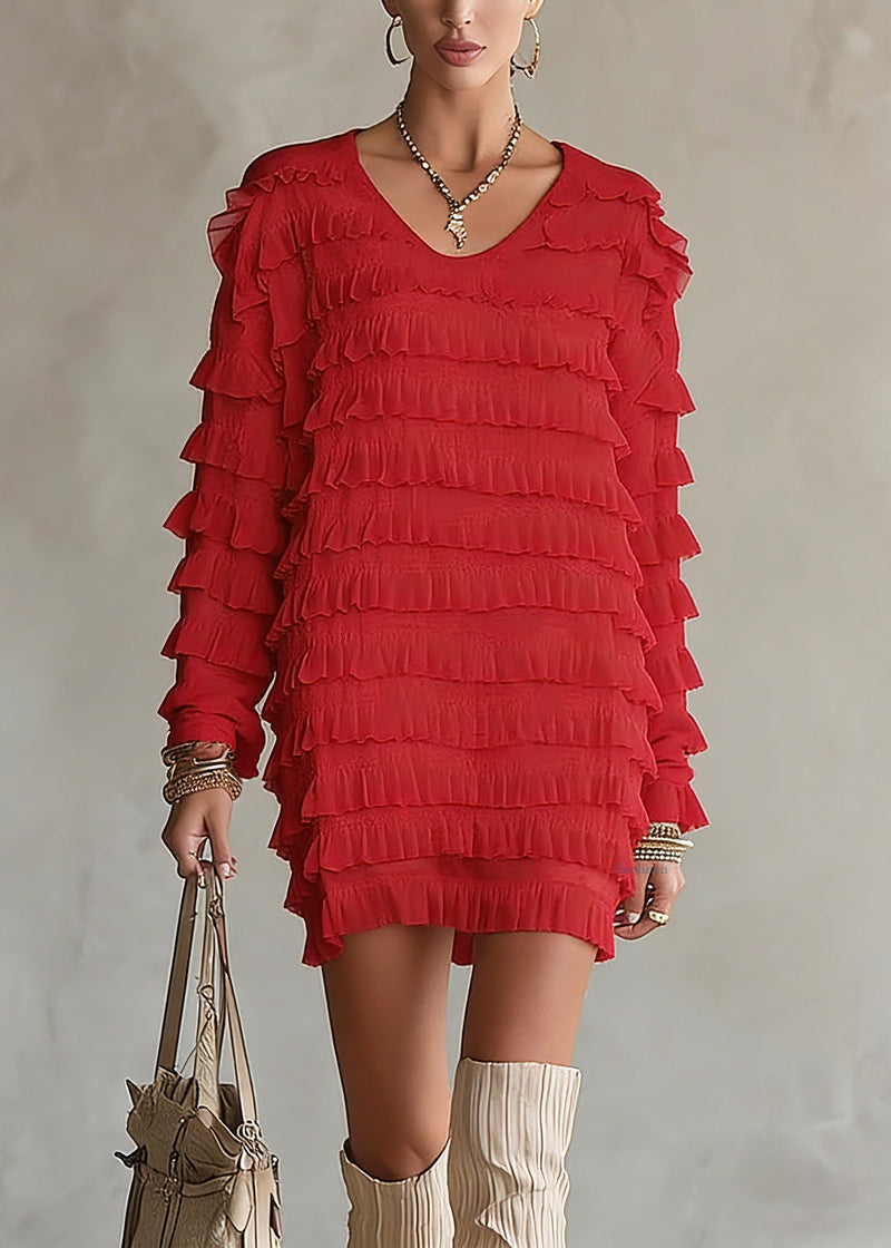 Red Ruffled Patchwork Chiffon Top Spring