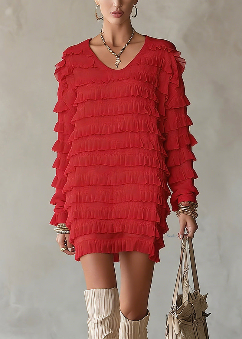 Red Ruffled Patchwork Chiffon Top Spring