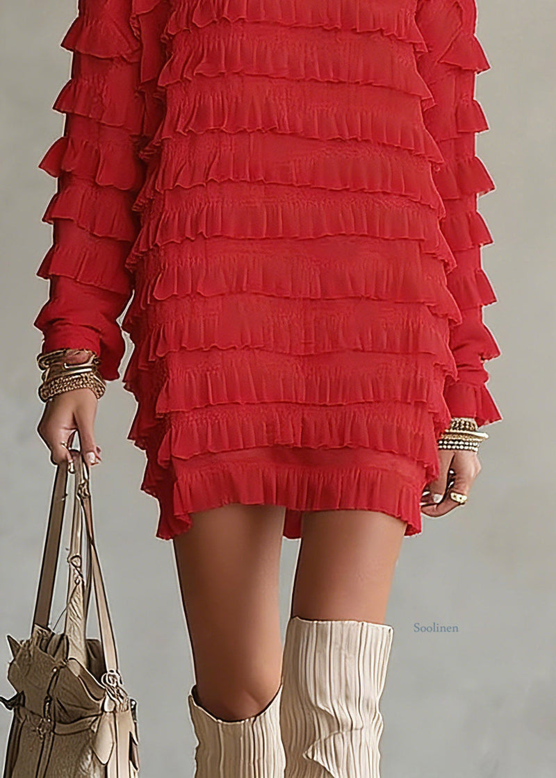 Red Ruffled Patchwork Chiffon Top Spring