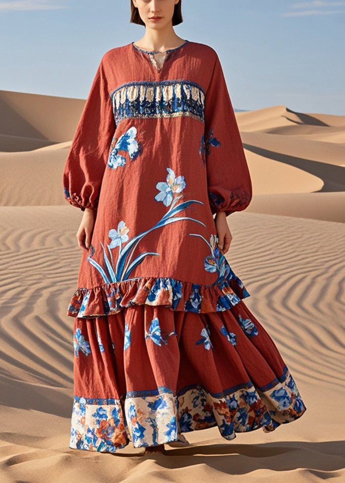 Red Ruffled Patchwork Print Cotton Holiday Dress Spring