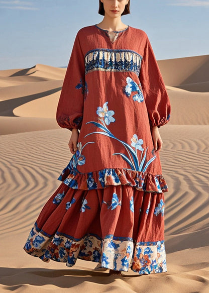 Red Ruffled Patchwork Print Cotton Holiday Dress Spring
