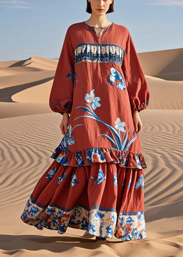 Red Ruffled Patchwork Print Cotton Holiday Dress Spring