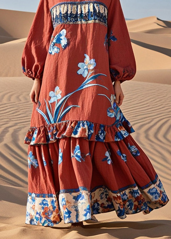 Red Ruffled Patchwork Print Cotton Holiday Dress Spring