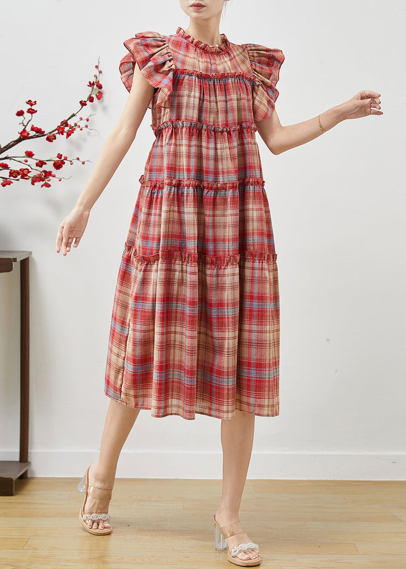 Red Ruffled Plaid Cotton Dresses Butterfly Sleeve