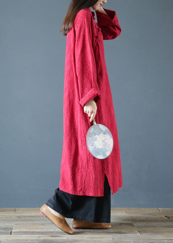 Red Stand Collar Jacquard Wrinkled Cotton Dress Cheongsam Spring