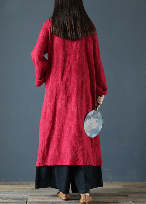 Red Stand Collar Jacquard Wrinkled Cotton Dress Cheongsam Spring