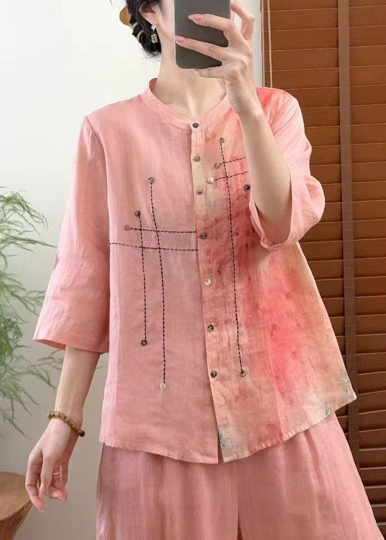 Red Stand Collar Tie Dye Patchwork Linen Shirt Bracelet Sleeve