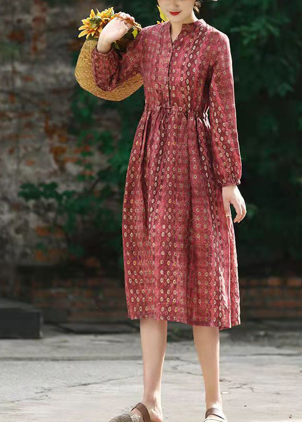 Red Stand Collar Drawstring Print Linen Dress Long Sleeve