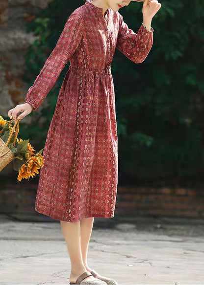 Red Stand Collar Drawstring Print Linen Dress Long Sleeve