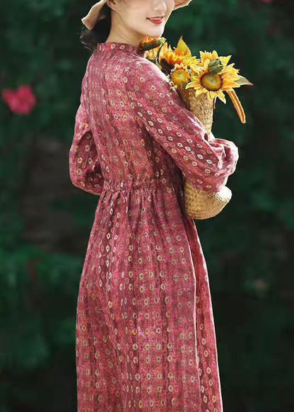 Red Stand Collar Drawstring Print Linen Dress Long Sleeve