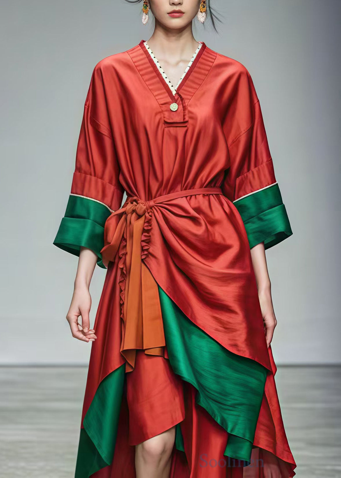 Red Tie Waist Patchwork Cotton Holiday Dresses Summer
