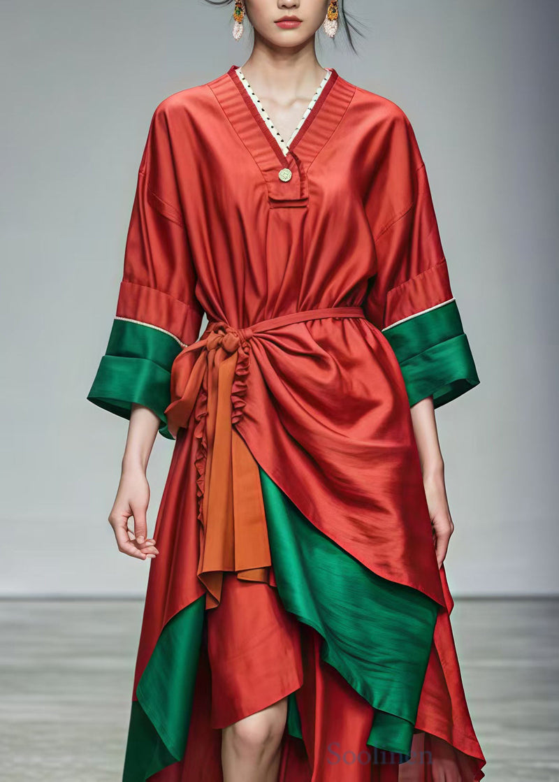 Red Tie Waist Patchwork Cotton Holiday Dresses Summer