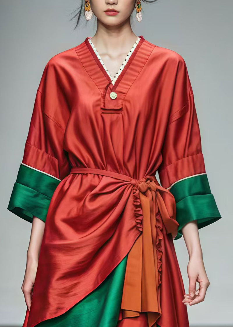 Red Tie Waist Patchwork Cotton Holiday Dresses Summer