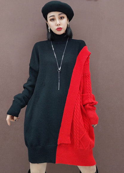 Red Turtle Neck Patchwork Knitwear Dress Winter