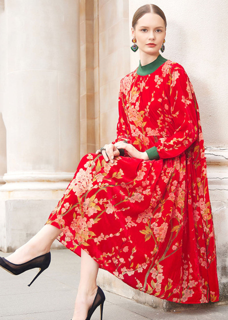 Red Turtleneck Jacquard Patchwork Wrinkled Silk Velour Maxi Dresses Fall