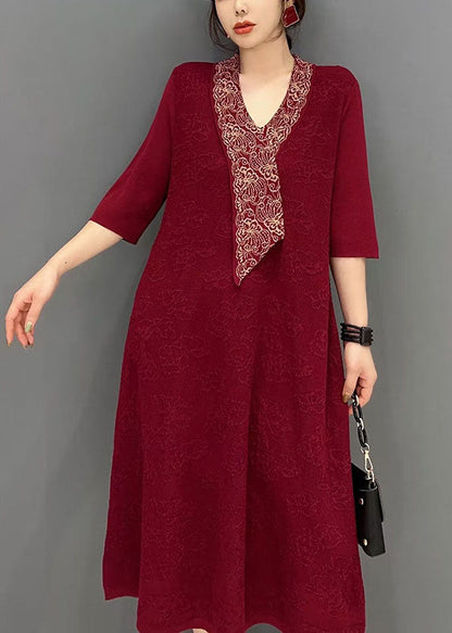 Red V Neck Jacquard Slim Fit Cotton Holiday Dress Half Sleeve