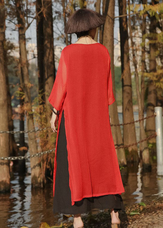 Red Side Open Pockets Chiffon Long Dress Three Quarter Sleeve