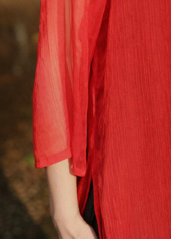 Red Side Open Pockets Chiffon Long Dress Three Quarter Sleeve