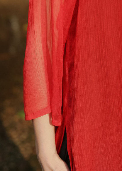 Red Side Open Pockets Chiffon Long Dress Three Quarter Sleeve