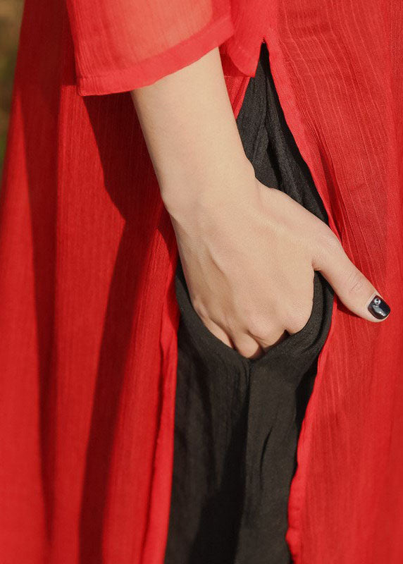Red Side Open Pockets Chiffon Long Dress Three Quarter Sleeve