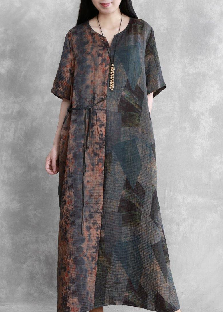 Retro Blue Print Clothes V Neck Half Sleeve Robe Dresses