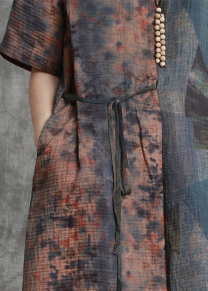 Retro Blue Print Clothes V Neck Half Sleeve Robe Dresses
