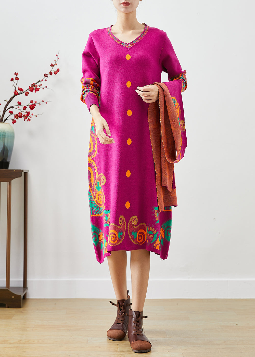 Rose Print Complimentary Scarf Knit Dress Fall