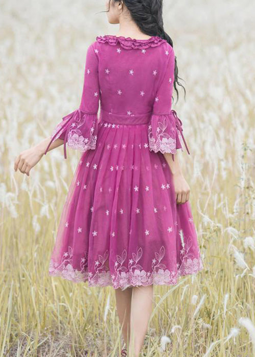 Rose Ruffled Embroideried Lace Up Tulle Dresses Flare Sleeve