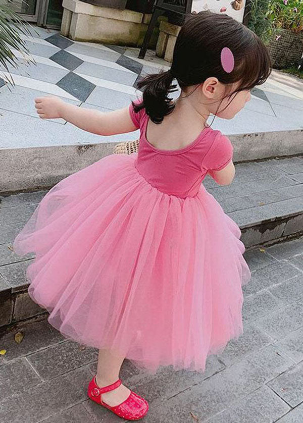 Rose Ruffled Patchwork Tulle Kids Off the Back Dress Summer