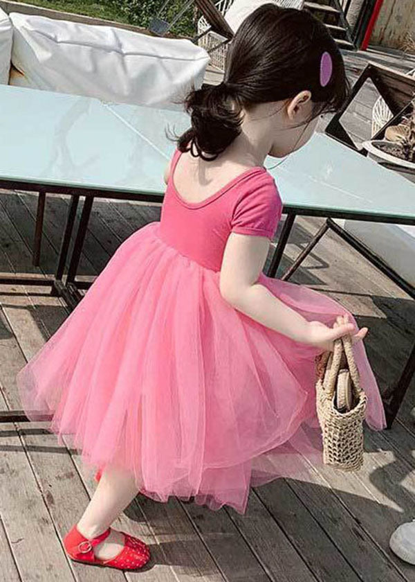 Rose Ruffled Patchwork Tulle Kids Off the Back Dress Summer