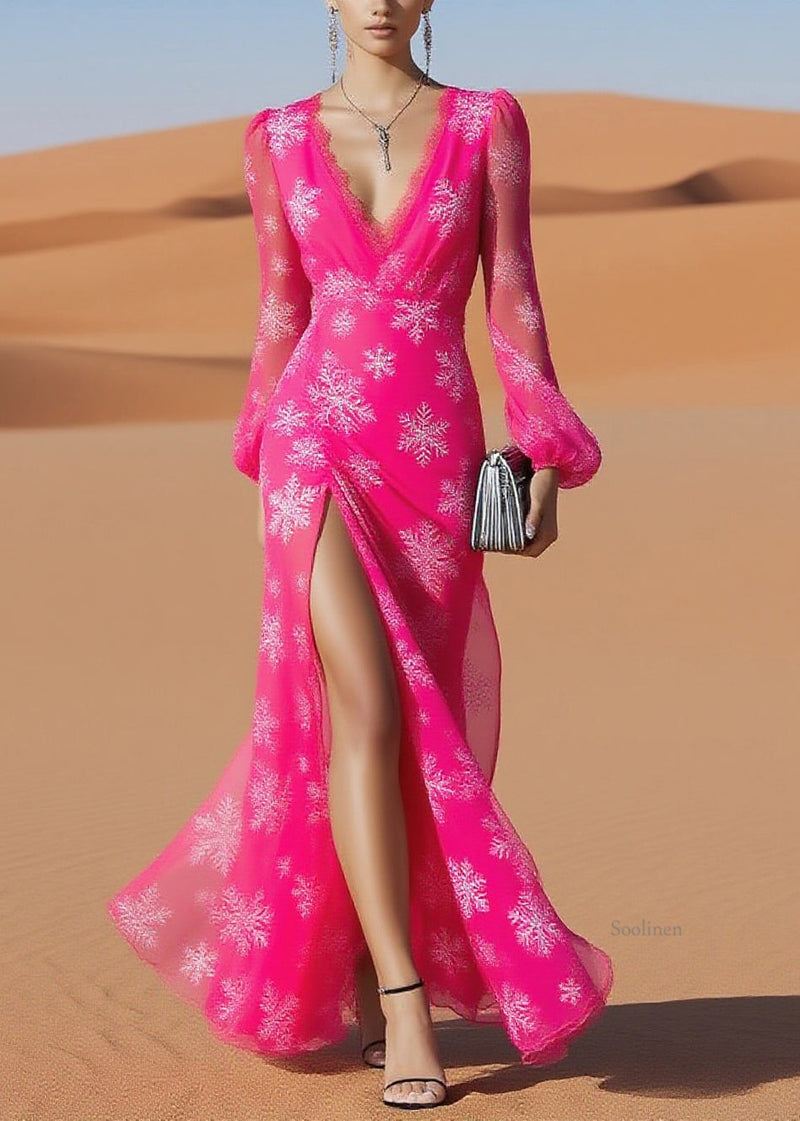 Rose Snowflake Print Side Open Chiffon Long Dresses Spring