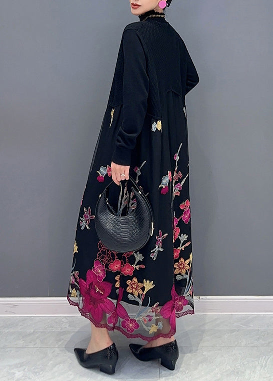 Rose Turtleneck Embroideried Tulle Patchwork Dress Fall