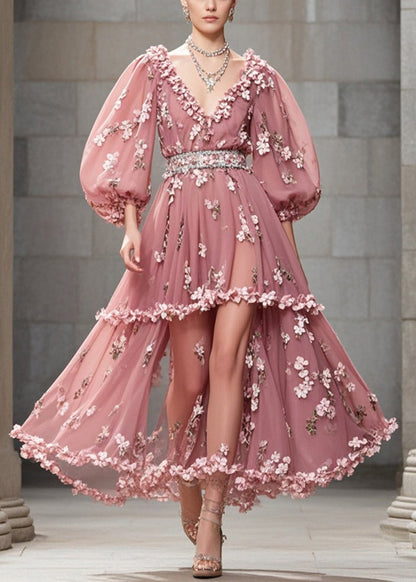Rubber Red Puff Sleeve Three-dimensional Chiffon Cinched Dress