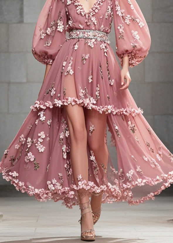 Rubber Red Puff Sleeve Three-dimensional Chiffon Cinched Dress