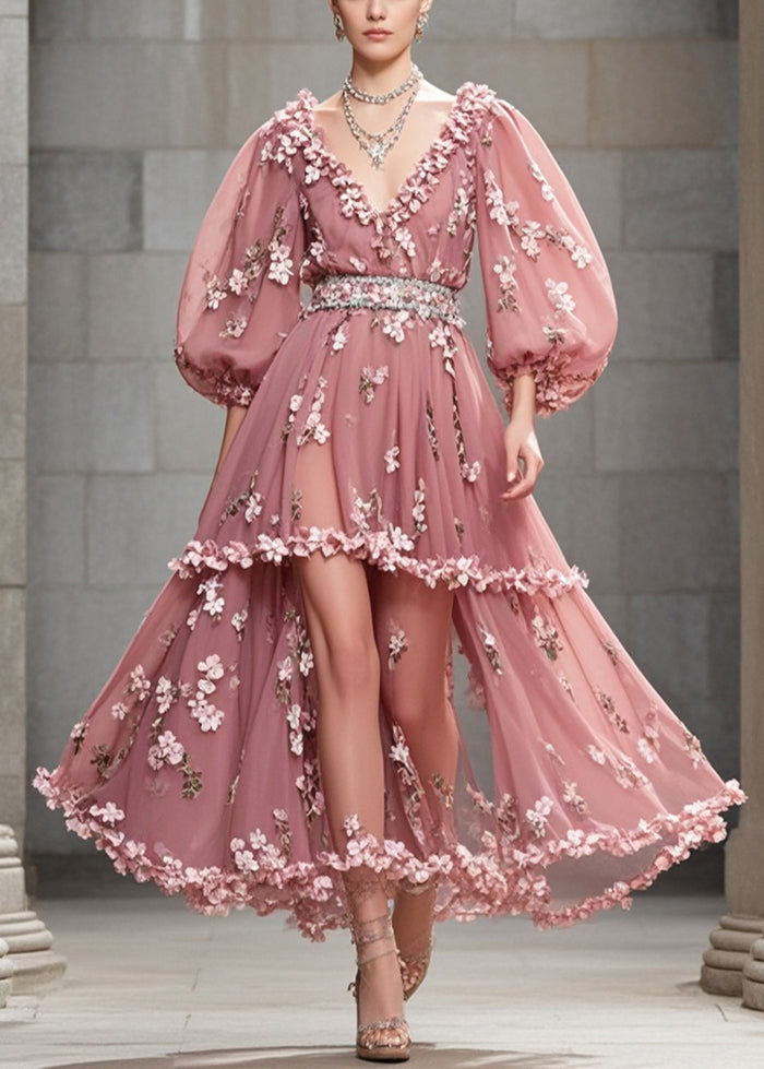 Rubber Red Puff Sleeve Three-dimensional Chiffon Cinched Dress