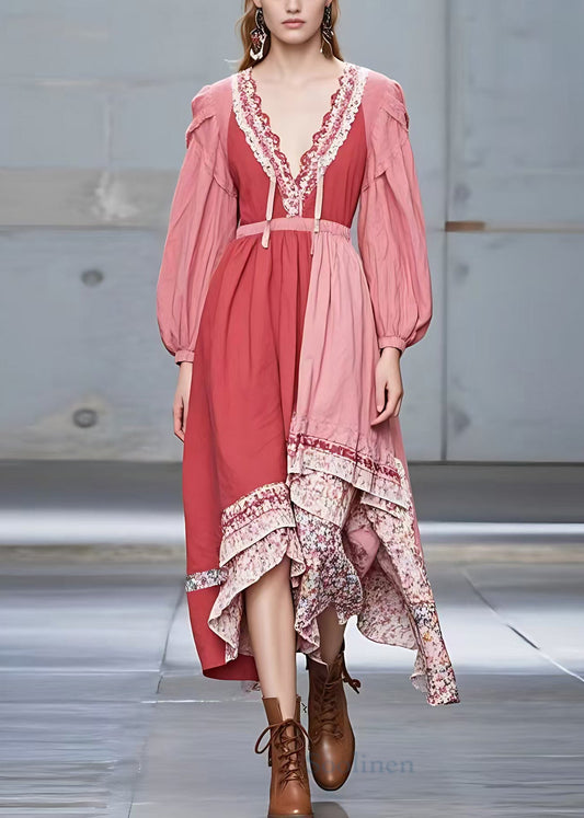 Rubber Red V Neck Print Patchwork Cotton Long Dress Fall