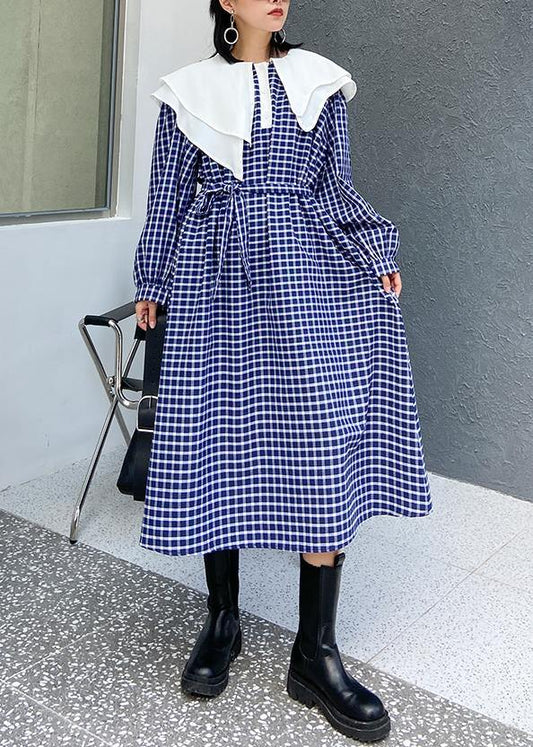 Ruffled Tie Waist Cotton Fall Clothes Outfits Blue Plaid Dress