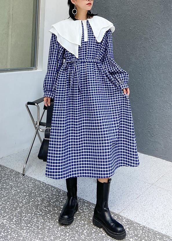 Ruffled Tie Waist Cotton Fall Clothes Outfits Blue Plaid Dress