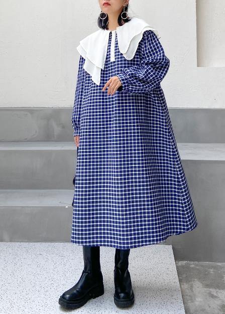 Ruffled Tie Waist Cotton Fall Clothes Outfits Blue Plaid Dress