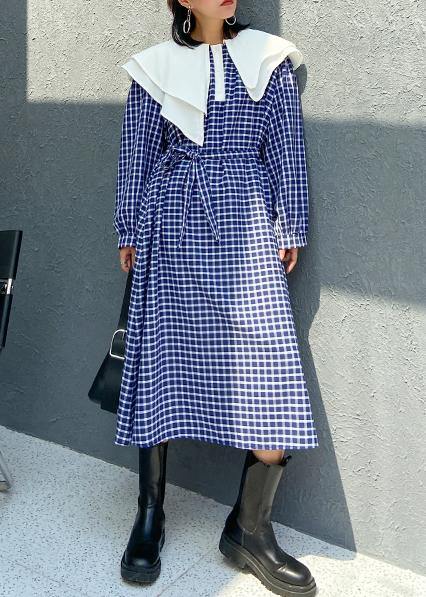 Ruffled Tie Waist Cotton Fall Clothes Outfits Blue Plaid Dress