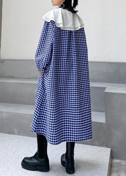 Ruffled Tie Waist Cotton Fall Clothes Outfits Blue Plaid Dress