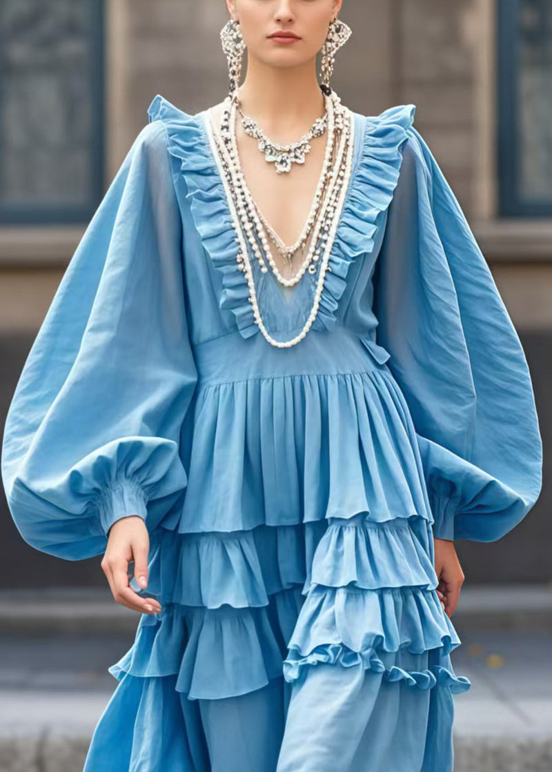 Sea Blue V Neck Ruffled Ankle Dress Lantern Sleeve
