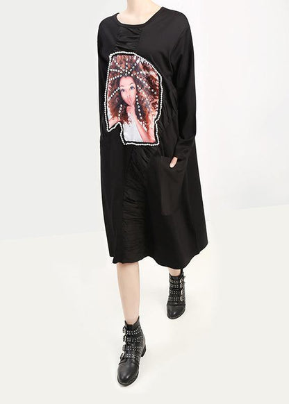 Sequined Cotton Patchwork Clothes Wardrobes Black Loose Dresses