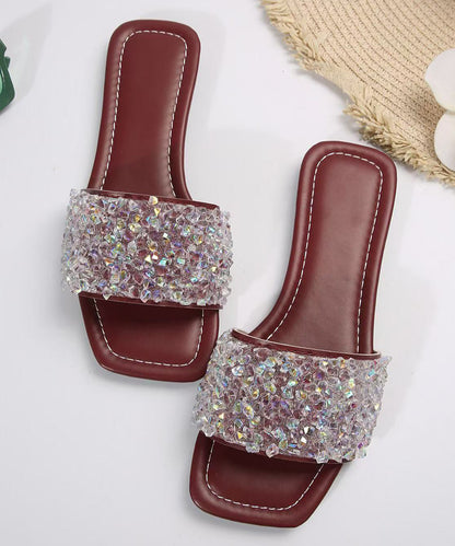 Sequins Splicing Wine Red Faux Leather Slide Sandals