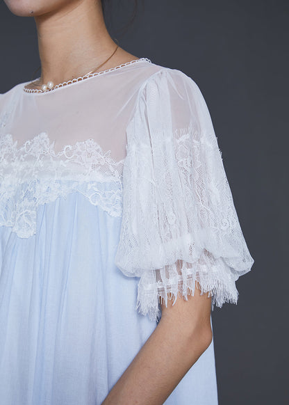 Sky Blue Embroidered Patchwork Chiffon Vacation Dresses Summer