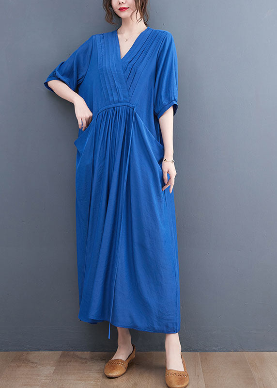 Blue Wrinkled V Neck Tie Waist Cotton Long Dress Short Sleeve