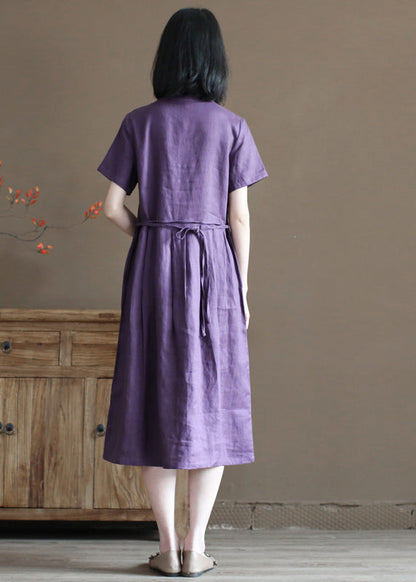 Purple Stand Collar Cinched Button Linen Cinch Dress Short Sleeve
