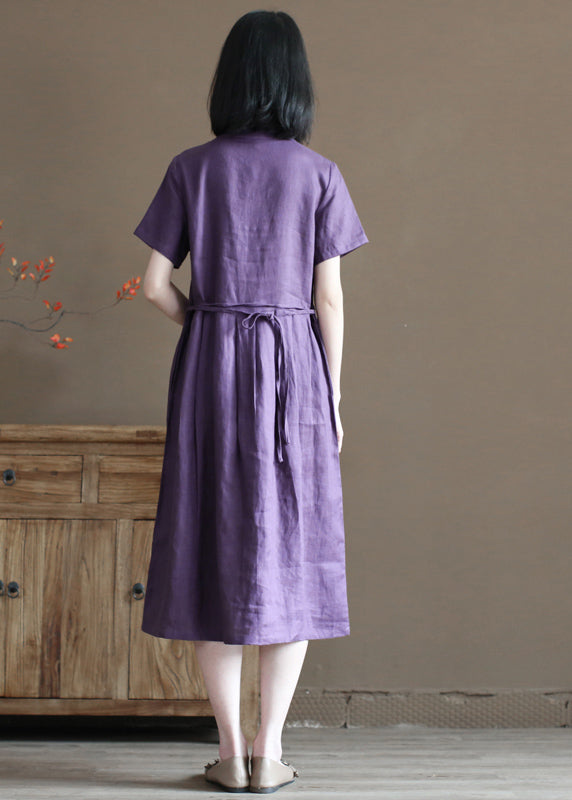 Purple Stand Collar Cinched Button Linen Cinch Dress Short Sleeve