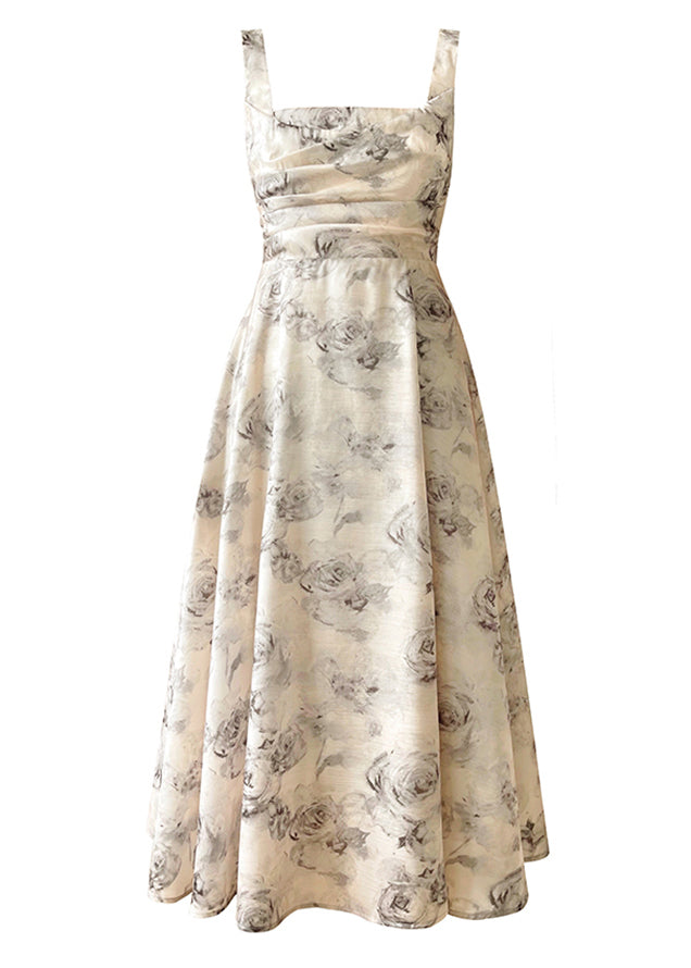 Square Collar Zippered Print Chiffon Maxi Dresses Sleeveless